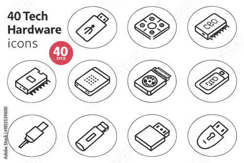 Technology Hardware Icons with Color SD Card Processor Chip USB Drive SD card USB drive
