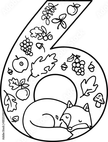 Number six with sleeping fox and autumn elements vector