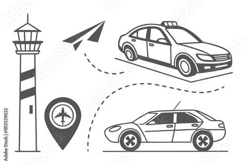 Transport Navigation Icons Including Tram, Road Map, and Compass Keywords: transport, navigation