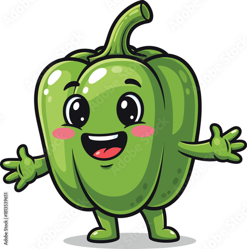 Cute green bell pepper cartoon character with a happy smiling face and open arms.