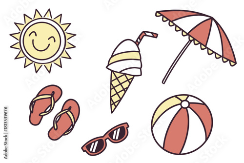 Flat design summer icons: sun, ice cream cone, beach ball, umbrella, sunglasses, flip flops