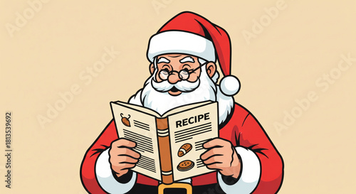 Santa Claus holding an open recipe book with illustrations of festive foods, looking thoughtfully