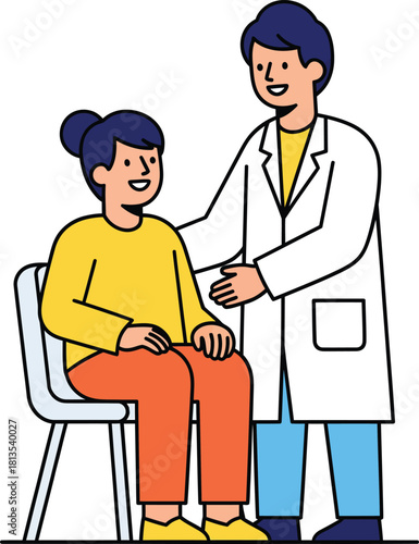 Friendly male doctor in a white coat reassuring a smiling female patient sitting on a chair.