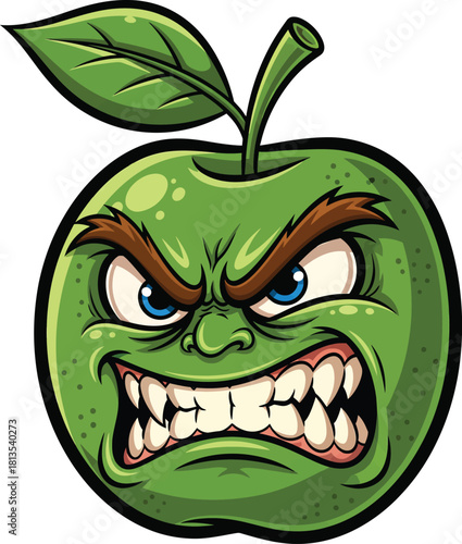Furious green cartoon apple character with a snarling expression and sharp teeth.