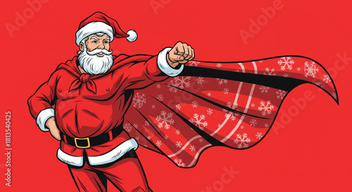 Powerful superhero Santa Claus in a festive costume with a flowing snowflake cape. A muscular Christmas hero in a strong comic book style illustration