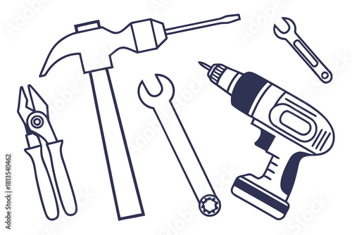 Black and White Illustration of Construction and Repair Tools Keywords: tools, drill, hammer, wrench