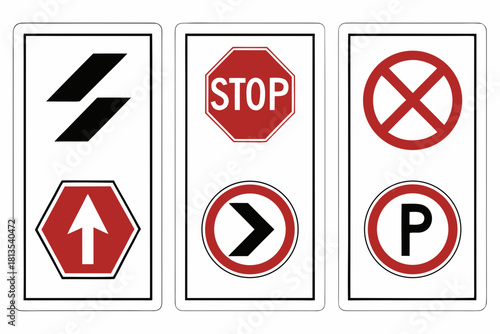 Three Vertical Panels of Road Signs with Red and Black Symbols traffic sign stop sign