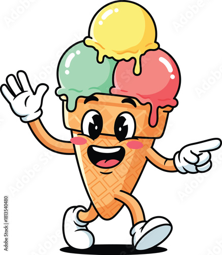 Happy cartoon ice cream cone character with three colorful melting scoops waving and pointing cheerfully.