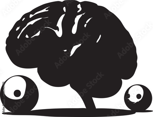 Brain and yin yang eyes vector illustration - thinking, balance, mind eps silhouette