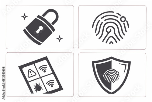 Security icons including lock, fingerprint, bug, and shield padlock sparkle