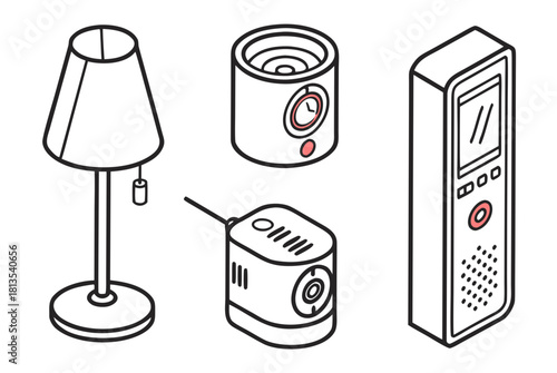 Isometric Icons of Home Electronics Including Lamp Speaker and Recorder illustration