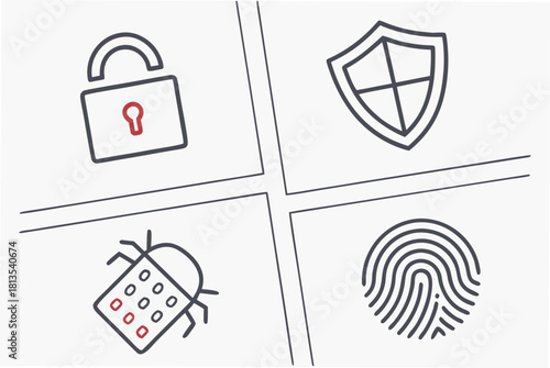 Security Icons with Lock Shield Bug and Fingerprint in Red Accents illustration mini