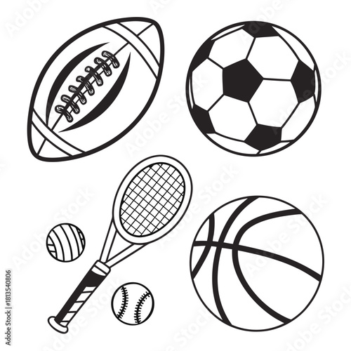 Black and white outline drawings of various sports balls and tennis racket equipment