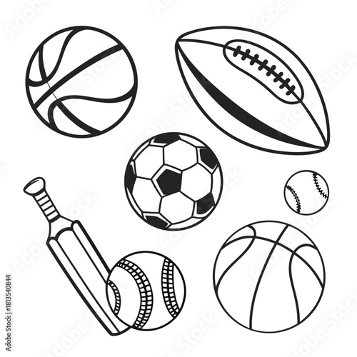 Sports Balls and Baseball Bat Icons in Black and White Keywords: sports, ball, soccer ball, baseball