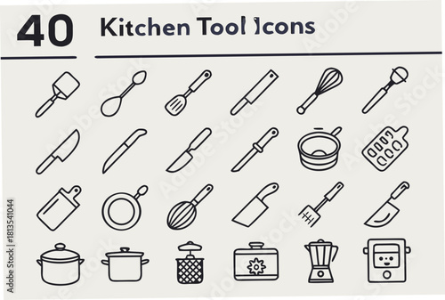 Collection of 40 Outline Kitchen Tool Icons on Light Background tools cooking