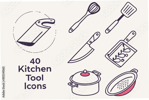Assortment of Kitchen Tool Icons with Text on Light Background tools cooking