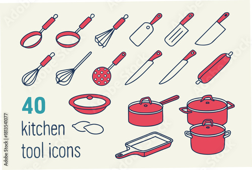 Red and Blue Outline Kitchen Tool Icons with Text on Light Background tools cooking