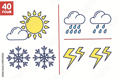 Weather icons sun cloud rain snowflake lightning bolt and text 40 FOUR Keywords: weather, sun