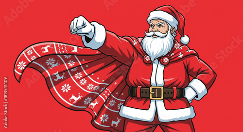 Superhero Santa Claus A Festive Illustration of a Powerful Christmas Icon on a Red Background