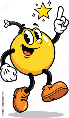 Joyful yellow cartoon bomb mascot in a retro style pointing up with a sparkling eureka star.