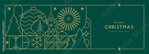 Line art Christmas holiday greeting card on emerald green background. Vector illustration