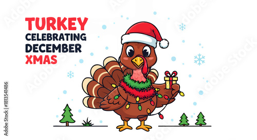 A cartoon turkey wearing a Santa hat and Christmas lights, holding a small gift, celebrating the holiday season in December.
