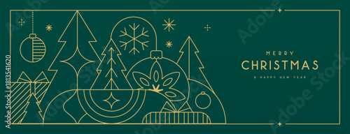 Line art Christmas holiday greeting card on emerald green background. Vector illustration