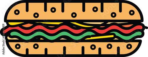 Stylized submarine sandwich icon with colorful wavy fillings and thick black outlines.