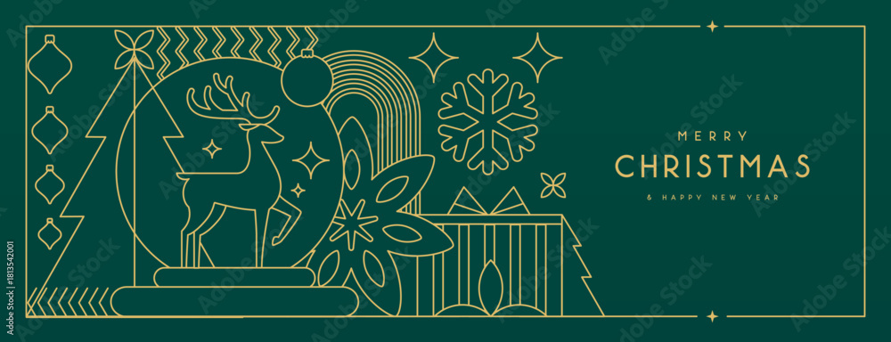 Obraz premium Line art Christmas holiday greeting card on emerald green background. Vector illustration