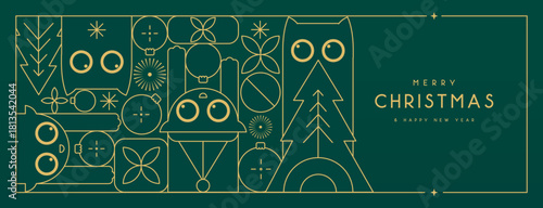 Line art Christmas holiday greeting card with funny cats on emerald green background. Vector illustration