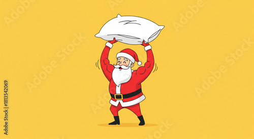 Funny cartoon illustration of a strong Santa Claus in a weightlifting pose, powerfully lifting a large white pillow overhead on a yellow background
