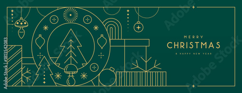 Line art Christmas holiday greeting card on emerald green background. Vector illustration