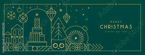 Line art Christmas holiday greeting card with funny cat on emerald green background. Vector illustration