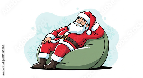 A cute cartoon illustration of Santa Claus sleeping peacefully on a comfortable green beanbag chair, resting after the busy Christmas holiday season