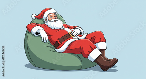 A contented Santa Claus enjoys a moment of peaceful relaxation, unwinding comfortably in a soft bean bag chair against a serene blue background