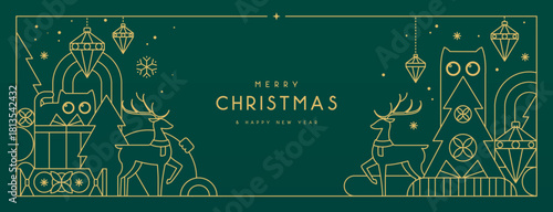 Line art Christmas holiday greeting card with funny cats on emerald green background. Vector illustration