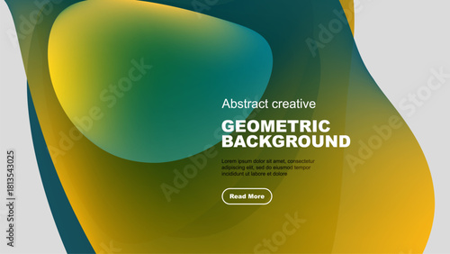 Abstract shapes overlap, creating vibrant gradient background. Text promotes further exploration, simple design.