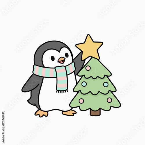 Festive penguin adorning a charming Christmas tree with a bright star, spreading holiday cheer and joy perfect for seasonal greetings and whimsical designs
