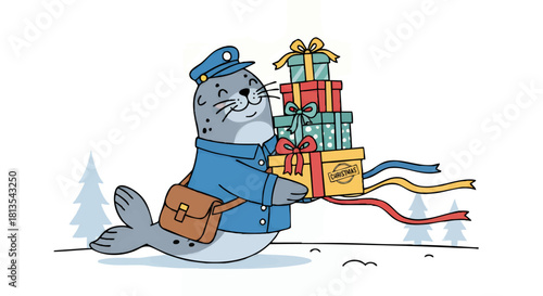Cartoon seal wearing a postman uniform and hat, carrying a stack of wrapped gifts with ribbons in a snowy landscape.