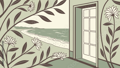 Olive–white 3D floral textile wave motif in minimalist psychologist office plus outdoor beach therapy walk scene