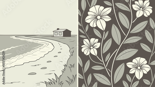 Olive–white 3D floral textile wave motif in psychologist office plus outdoor beach therapy walk scene