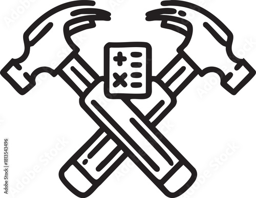 Construction accounting vector icon: hammer and calculator graphic eps silhouette