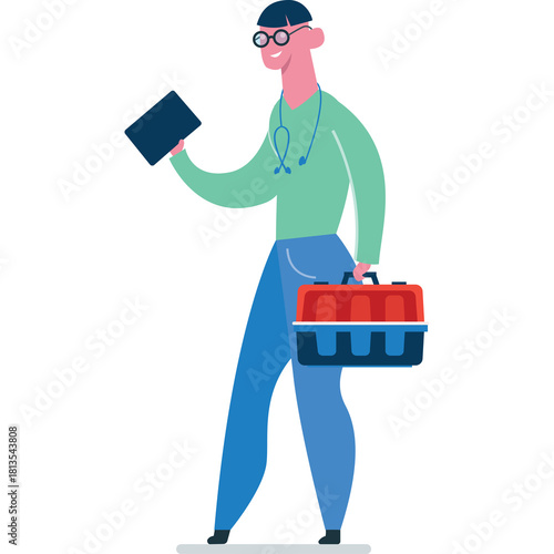 vet holding tablet and carrying red toolbox clip art preview
