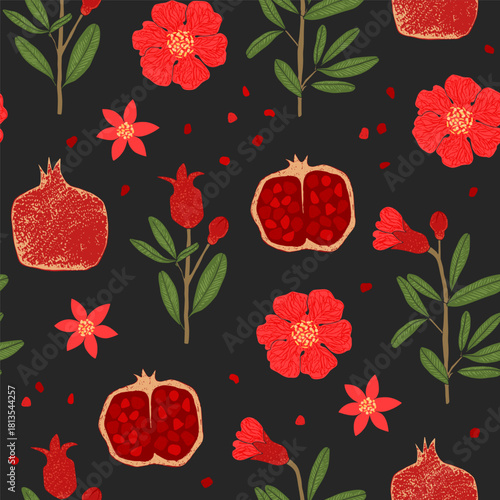 Botanical seamless pattern featuring pomegranate blossoms. Textured fruits and flowers on black background.