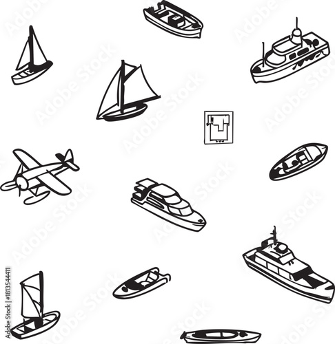 Vector illustration: boat, yacht, airplane, and watercraft outline icons eps silhouette