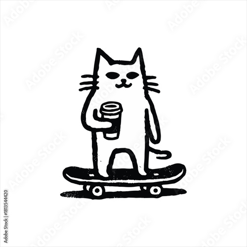 Cool cat skating with coffee in hand makes a stylish graphic tee or poster for animal lovers and skateboarders