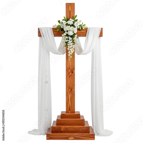 Wooden cross adorned with white flowers and flowing fabric drapes isolated on transparent background