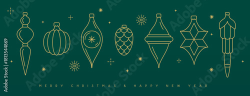 Set of line art holiday Christmas tree toys, baubles, knick knacks, decorations on emerald green background. Vector illustration