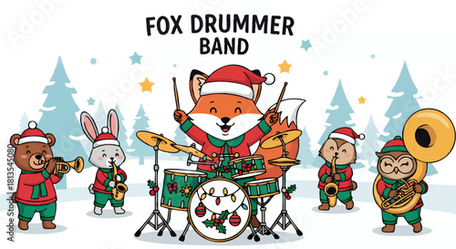 Cartoon animals dressed in Christmas attire playing musical instruments in a snowy winter scene, a fox is drumming, forming a band.