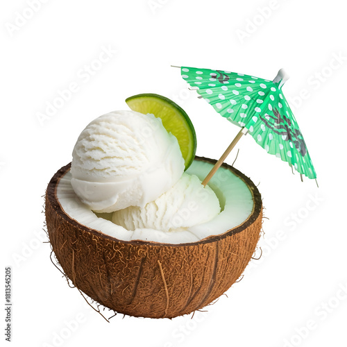 Sweet coconut ice cream scoops with lime and umbrella in shell isolated on transparent background